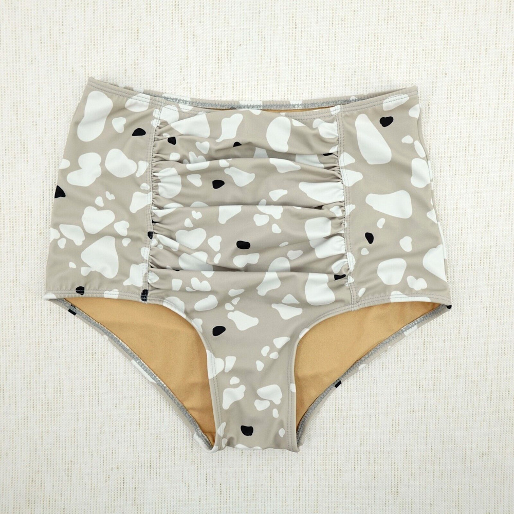 KORTNI JEANE Bikini Bottom XS Beige Spotted Ruched‎ Front High-Waist Flattering